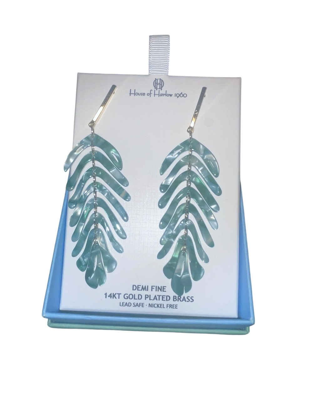 House of Harlow 1960 Green Marbled Resin Palm Leaf Drop Earrings NIB